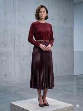 Burgundy Two-Piece Pleated Skirt Set long sleeve jumper dress crew neck maxi